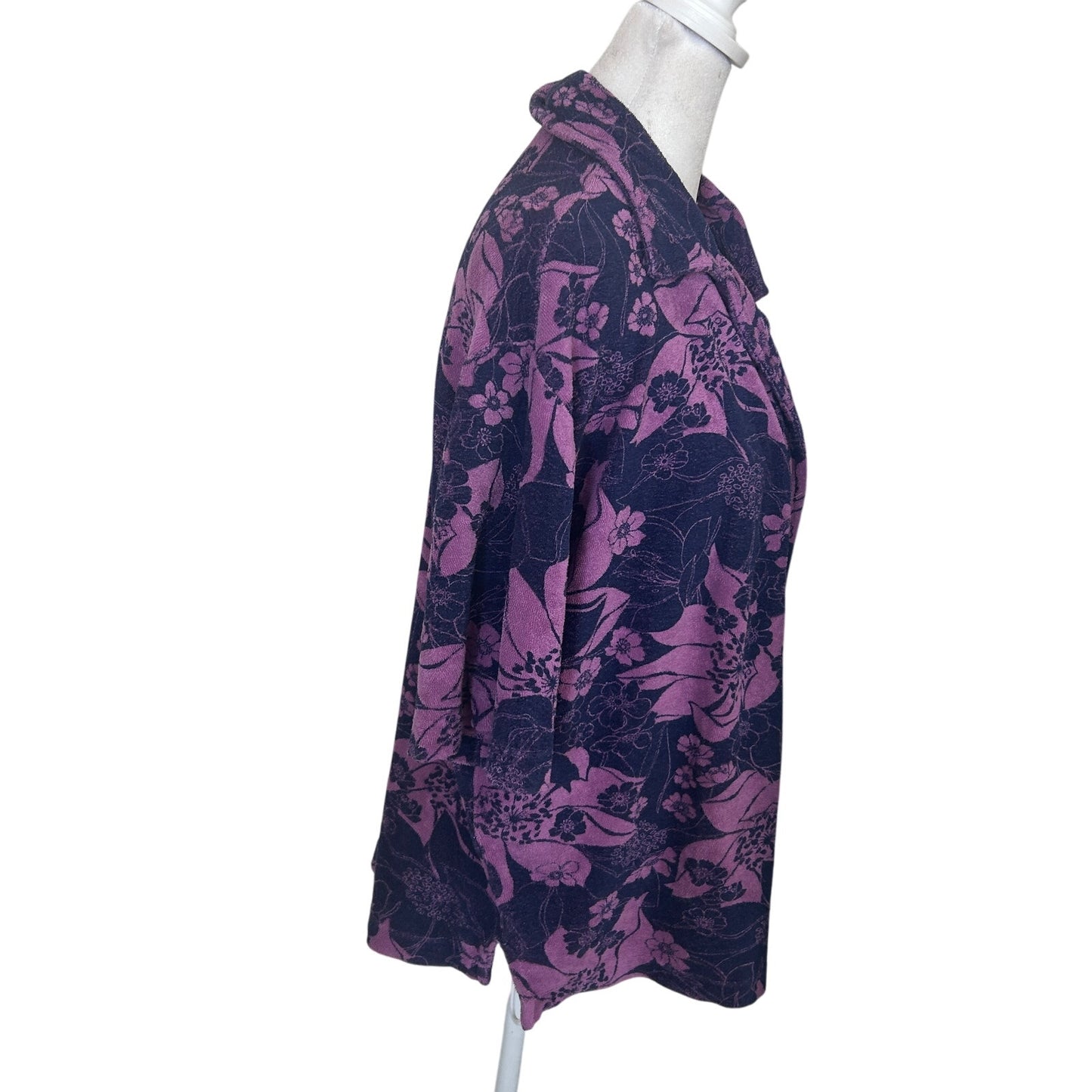 Sundry Purple, Blue Floral Terry Button Down Short Sleeve Top Womens Size Large
