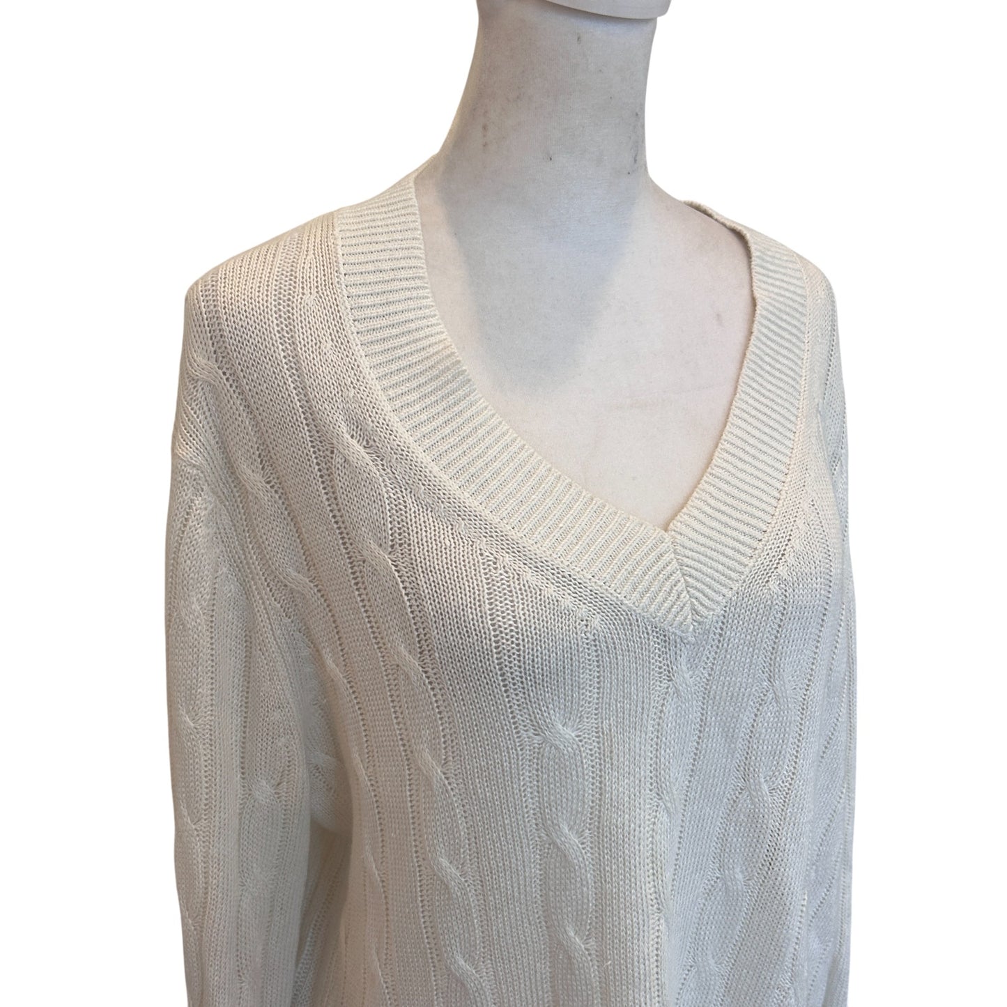 Brooks Brothers Ivory Linen V-Neck Cable Knit Sweater Womens Size Large