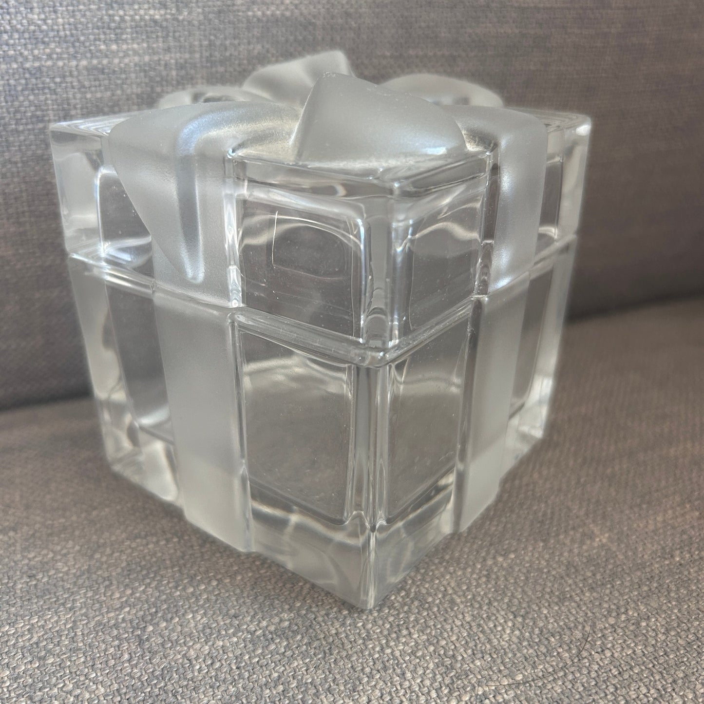 Tiffany Clear Glass Trinket / Jewelry Box Frosted Ribbon and Bow 3.25" Cube