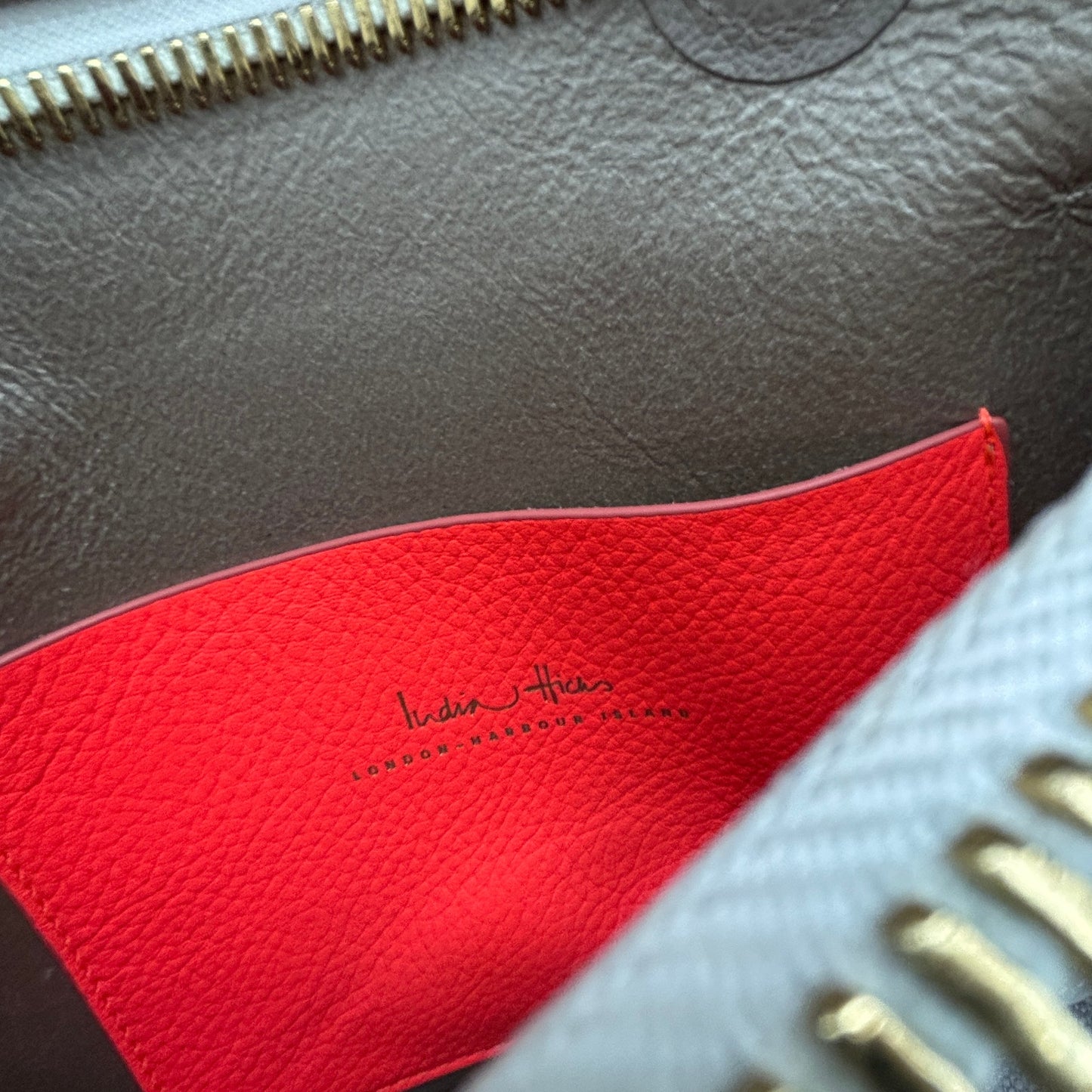 India Hicks Taupe Brown Big Zipper Pebbled Leather Clutch Bag