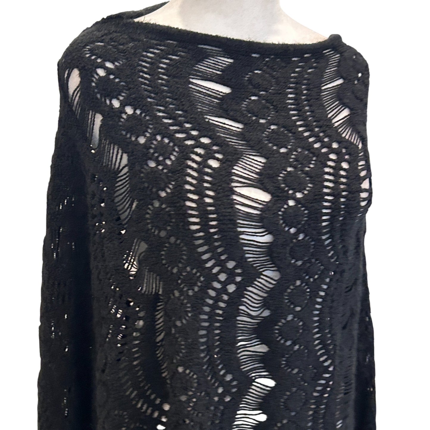 Do Everything In Love Black Crocheted and Fringed Poncho One Size